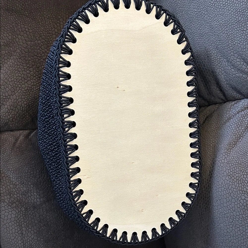 NWT Handmade Black Crocheted Basket with tan wooden bottom